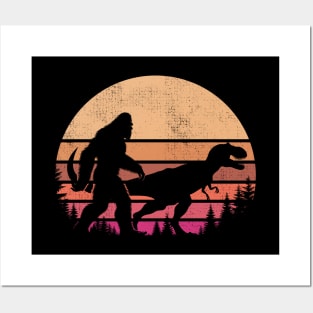 Bigfoot Walking With T-Rex Dinosaur Vintage Distressed Sasquatch Posters and Art